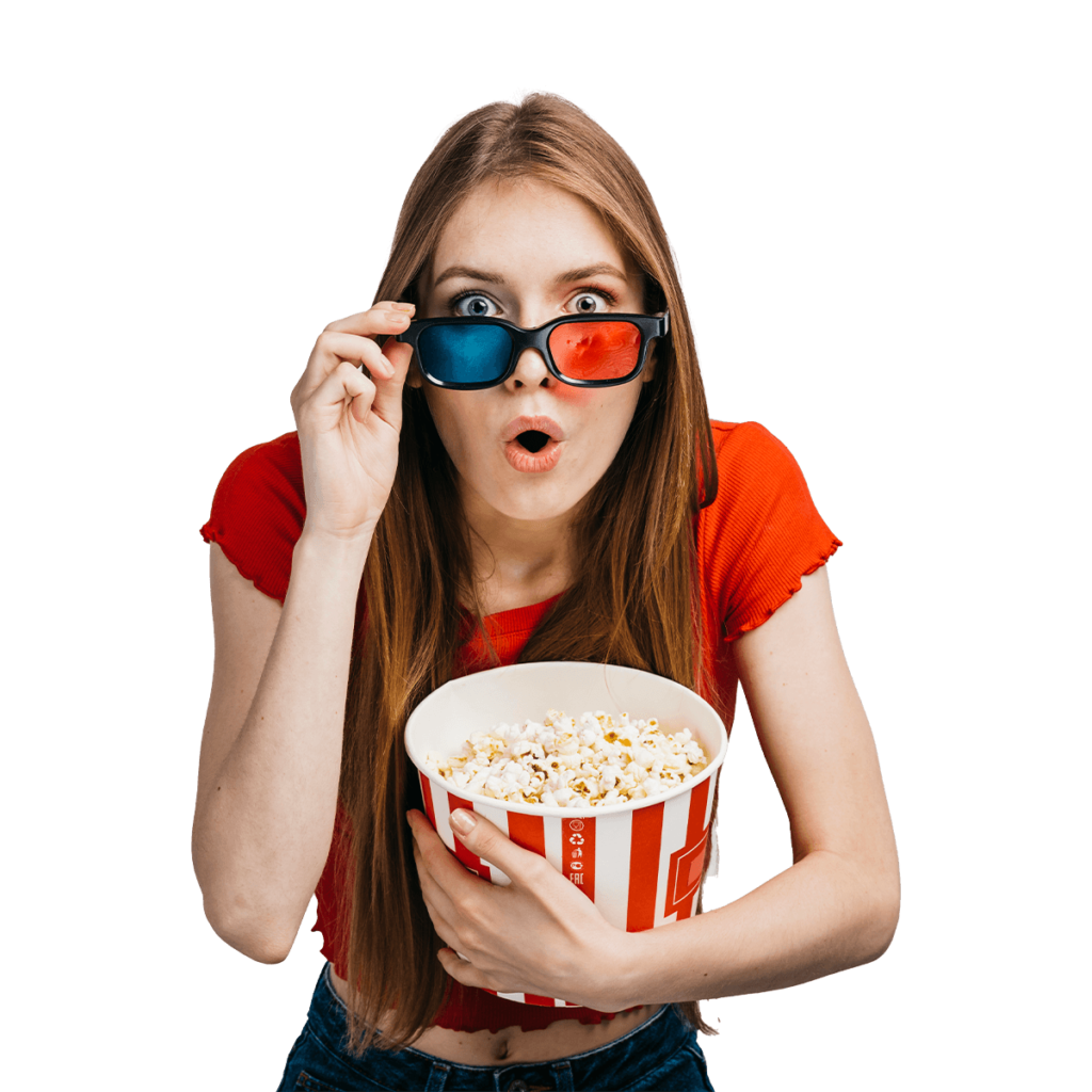mulher assistindo no cinema com oculos 3d